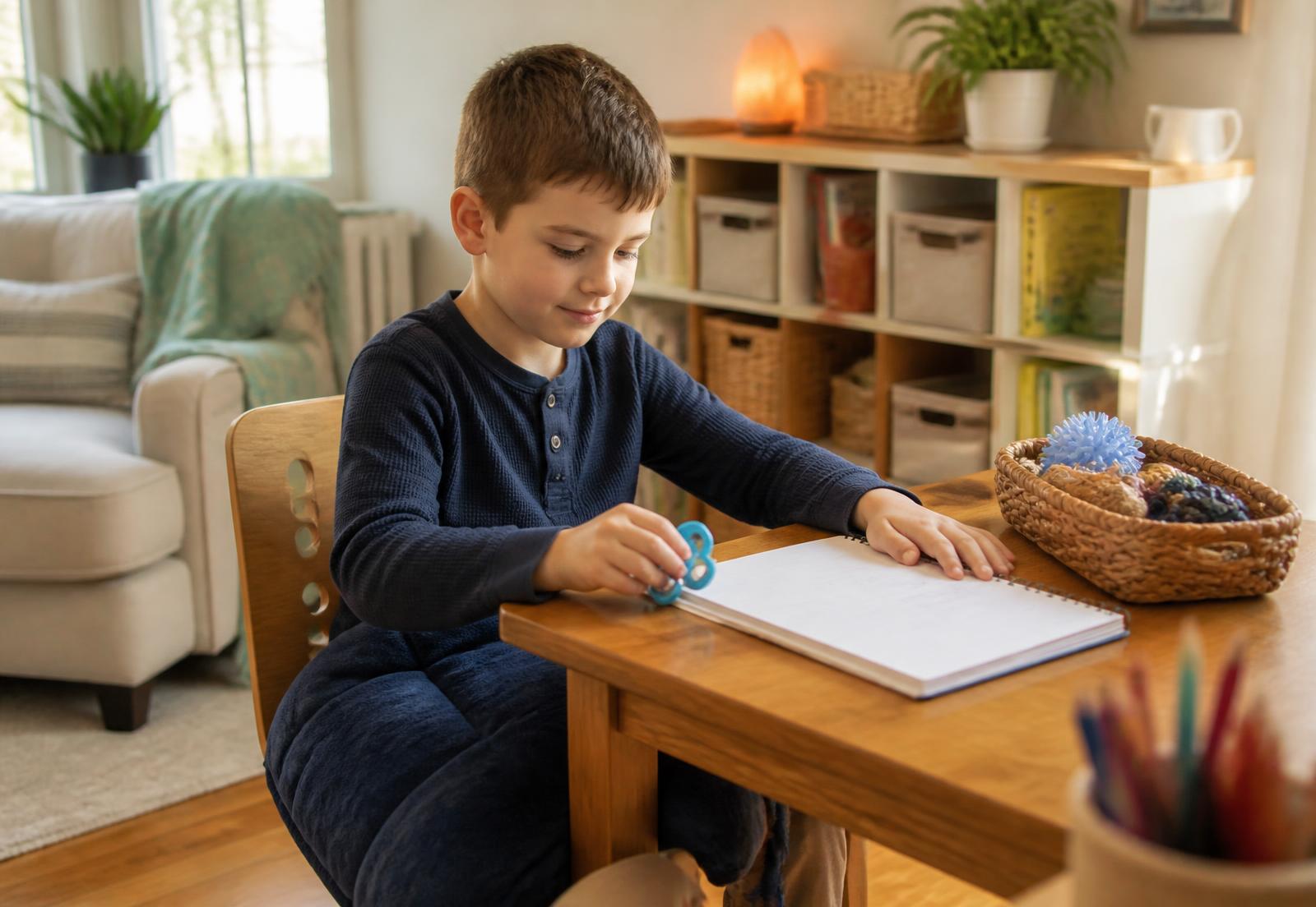 A child using quiet fidget and sensory tools at a wooden table